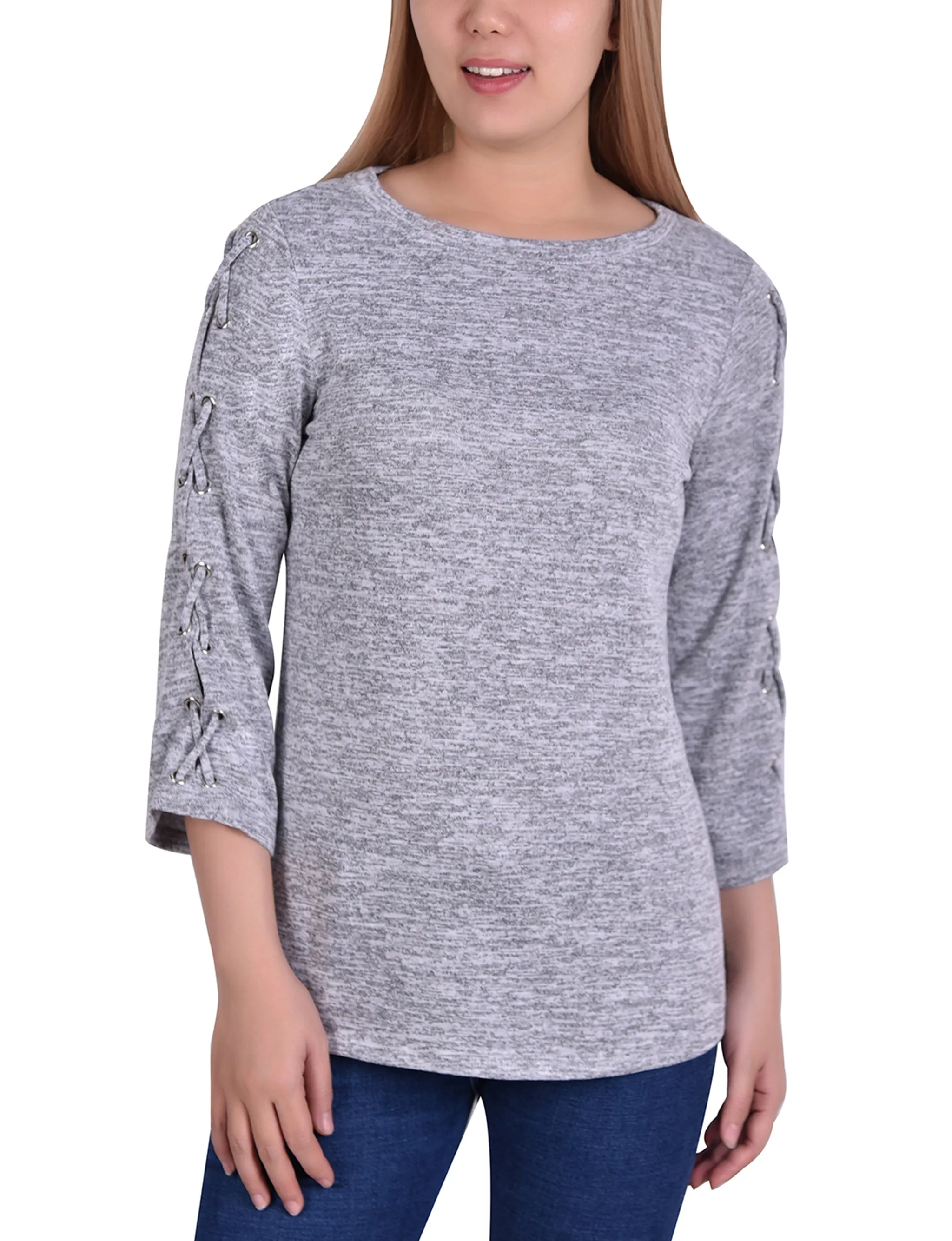 3/4 Sleeve Top With Criss Cross And Grommets On Sleeve GarmentDyed