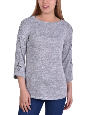 3/4 Sleeve Top With Criss Cross And Grommets On Sleeve GarmentDyed