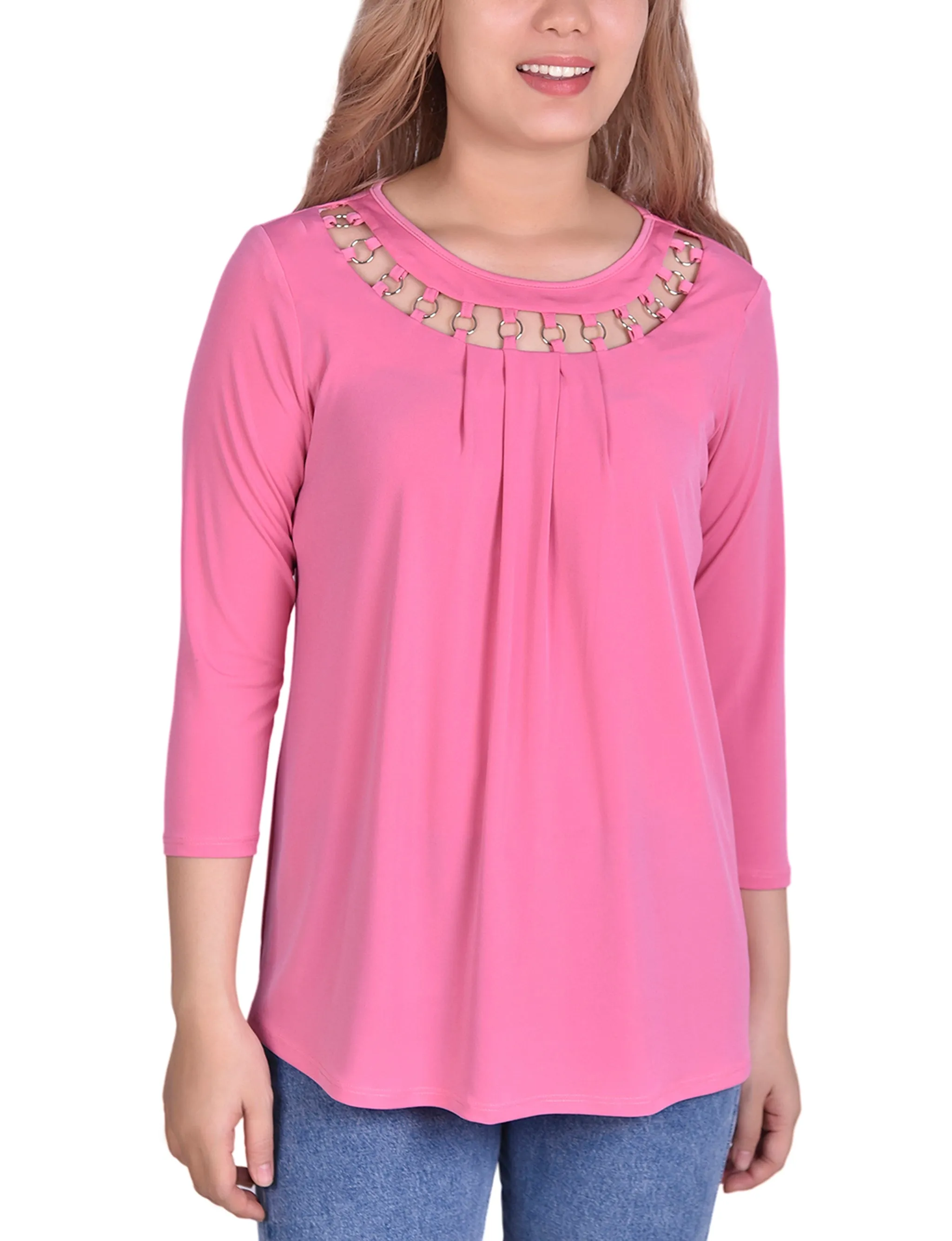 3/4 Sleeve Top With Cutout Ringed Neckline AdjustableCuffSystem Lightweight Design