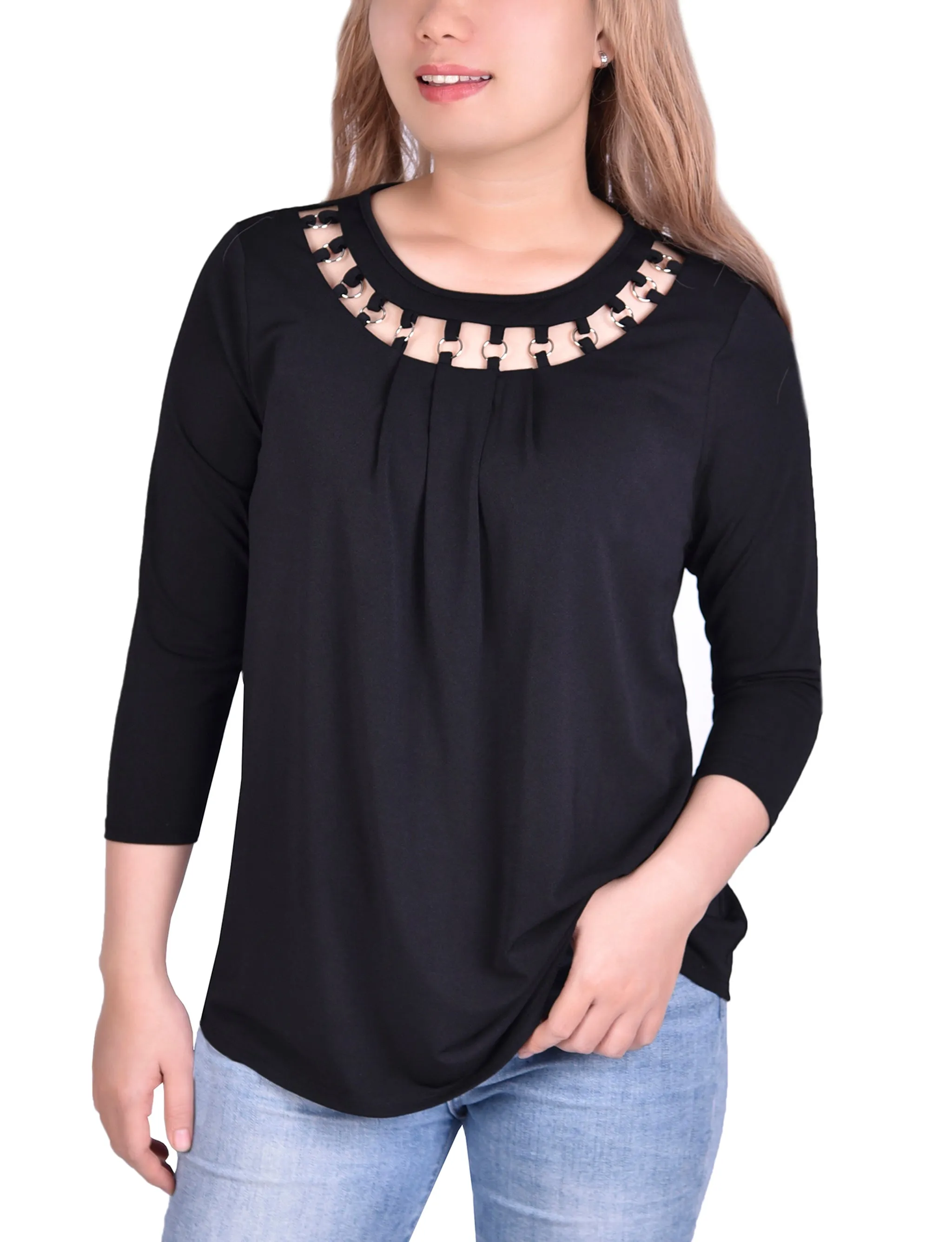TemperatureRegulatingLining FadeResistant Coating 3/4 Sleeve Top With Cutout Ringed Neckline