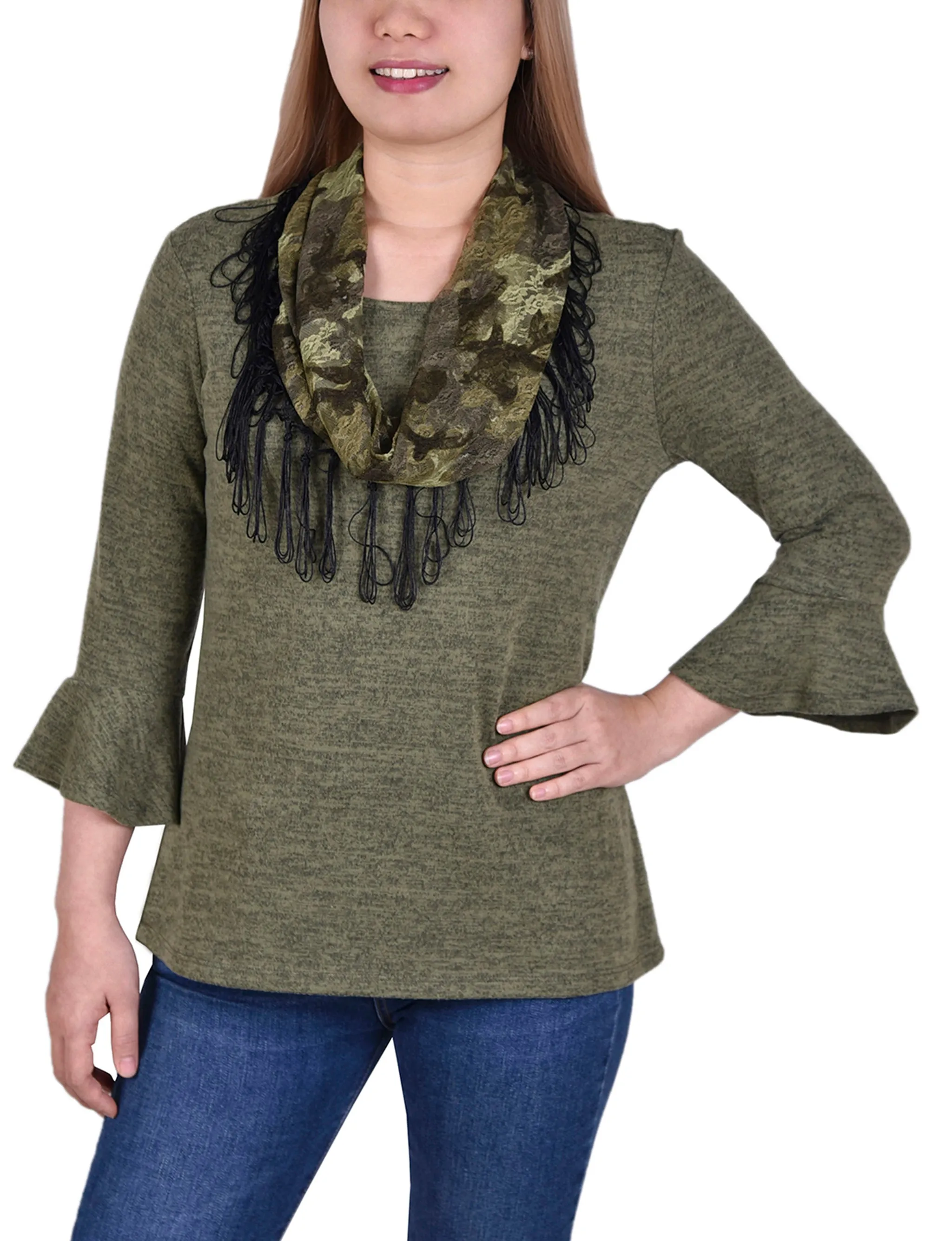 Tailored Placket 3/4 Sleeve Top With Detachable Fringed Scarf