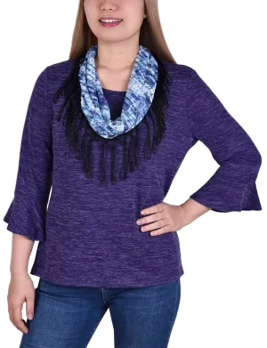 3/4 Sleeve Top With Detachable Fringed Scarf YarnDyeStripe