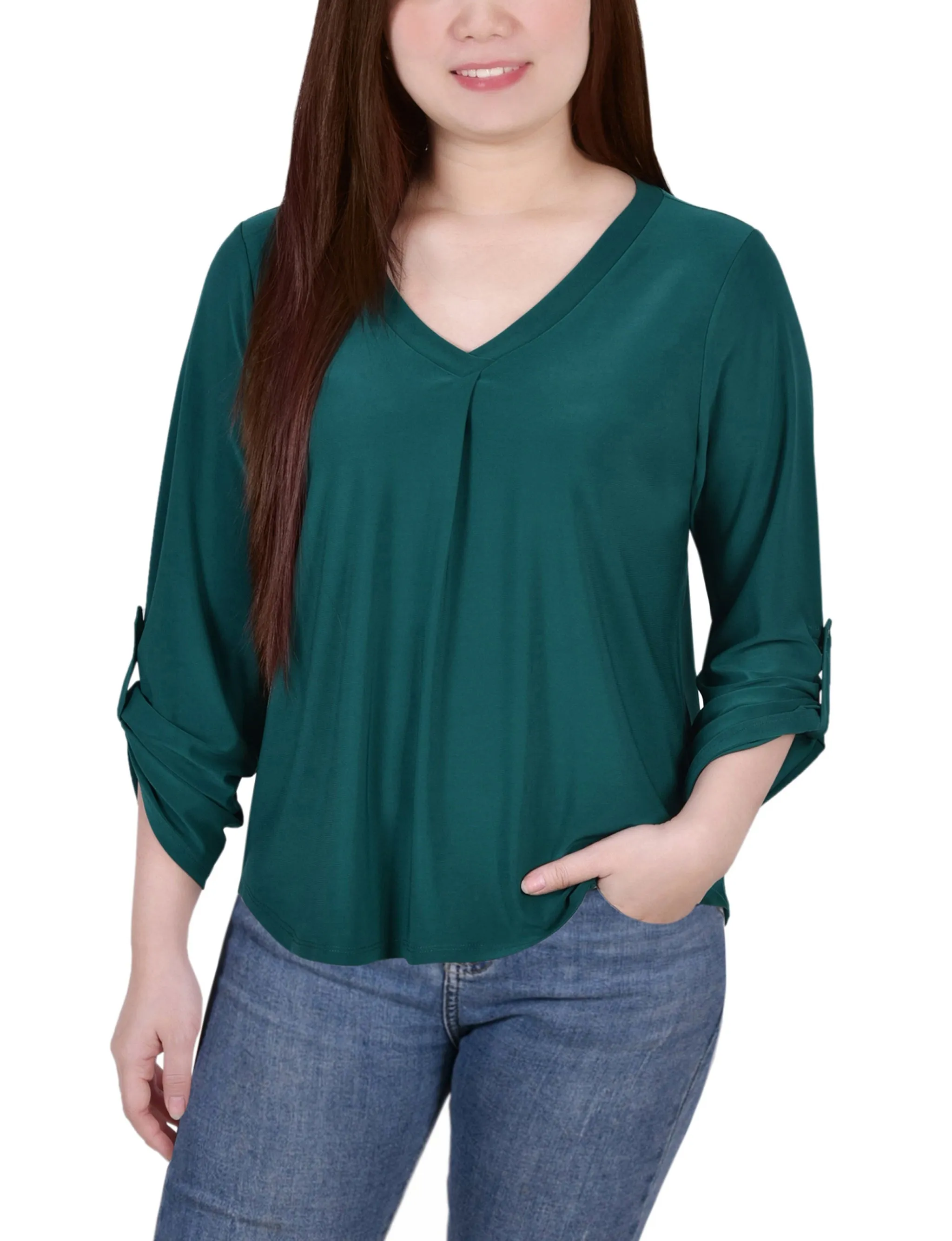 3/4 Sleeve V Neck Top Taped Neckline