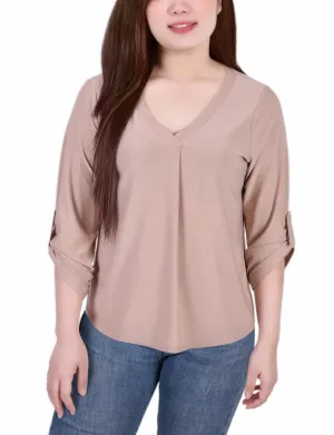 3/4 Sleeve V Neck Top Button Down Collar