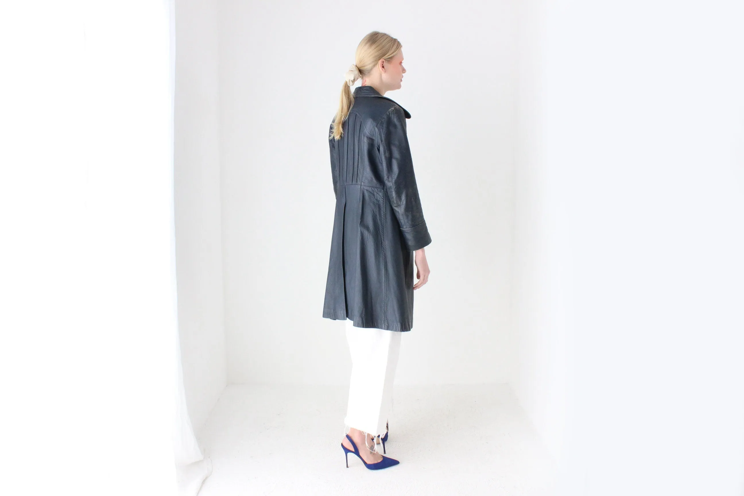 70s Navy Blue Long Leather Button Up Coat