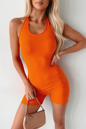 A Happier Place Ribbed Halter Romper (Orange) Elegant holiday wear