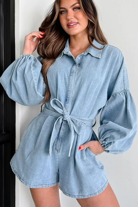 Modern Direction Denim Balloon Sleeve Romper (Denim) Versatile Layer