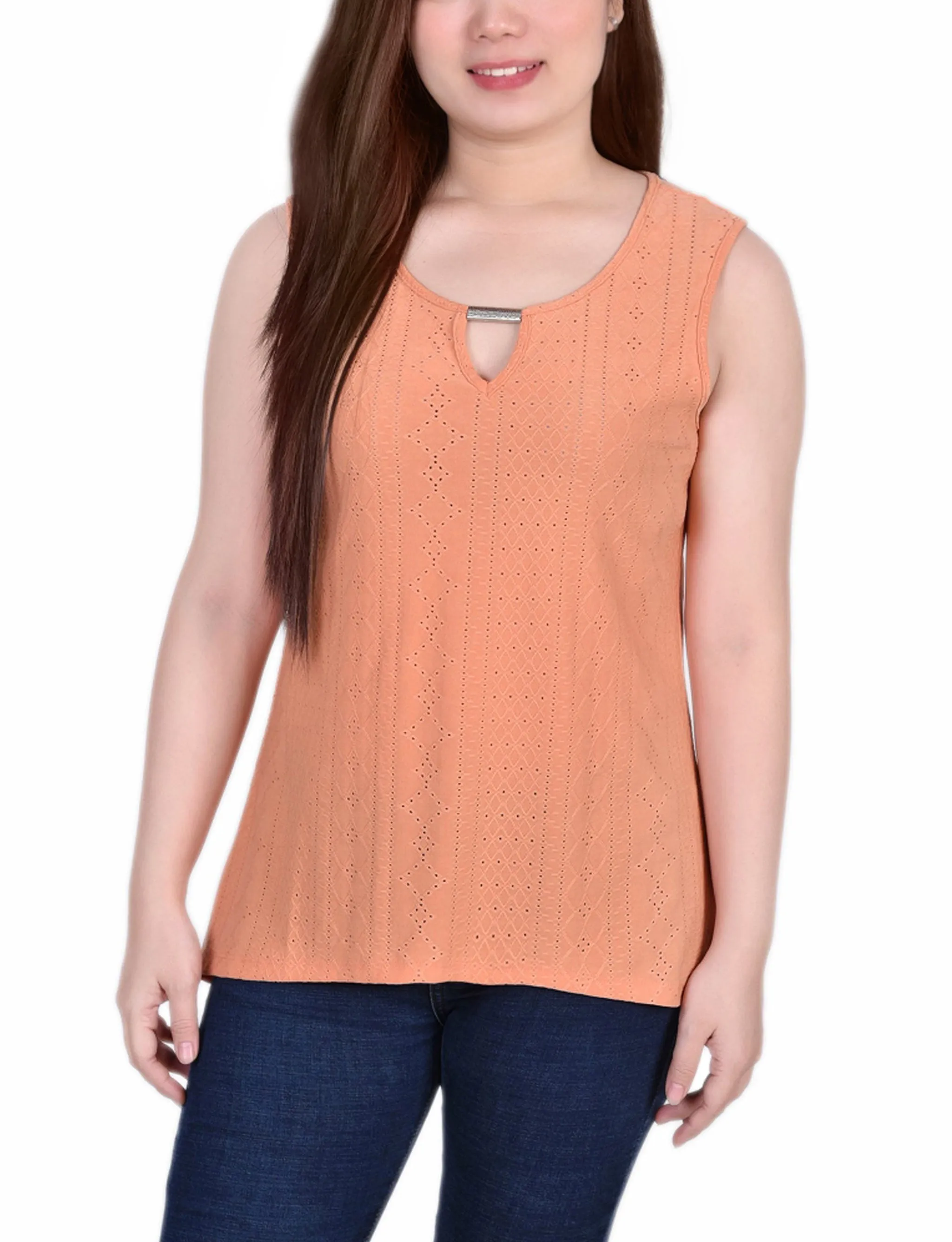 Sleeveless Knit Eyelet Top With Hardware preshrunk Elegant Look