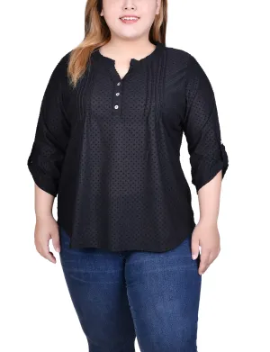 Plus Size 3/4 Sleeve Roll Tab Y Neck Top Stylish Hoodie