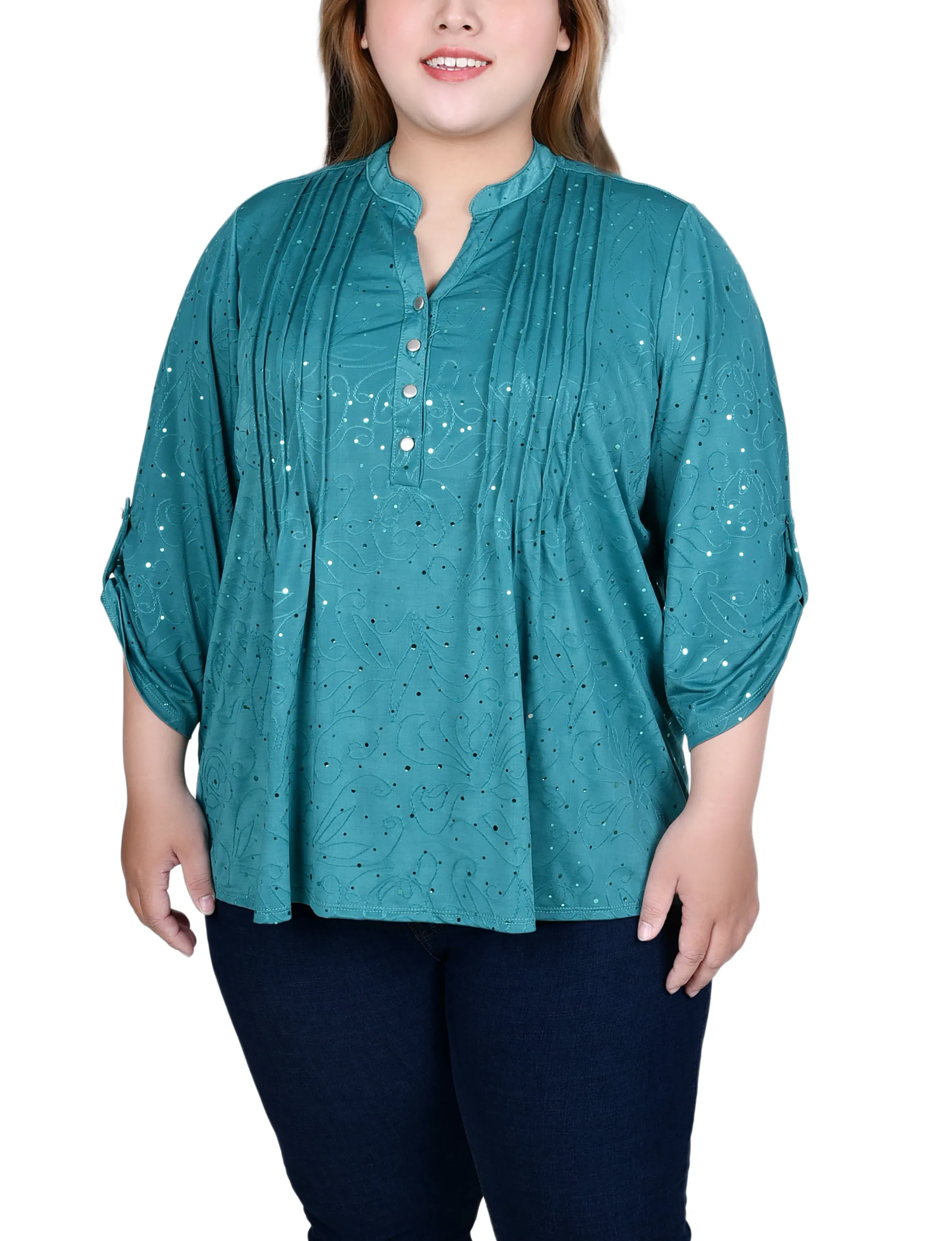 Easy Care Material Plus Size 3/4 Sleeve Roll Tab Y Neck Top