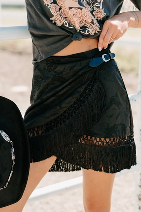 Tide & Tassel Satin Wrap Mini Skirt (Black) Relaxed Design Wear HighRiseWaist