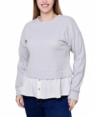 Unstructured Silhouette Stain Repellent Coating Petite Long Sleeve Two-Fer Top With Gathered Inset