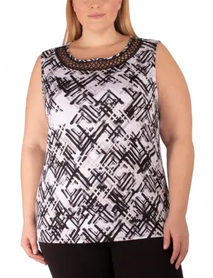 ButtonDownCollar Plus Size Sleeveless Top With Crochet Neckline