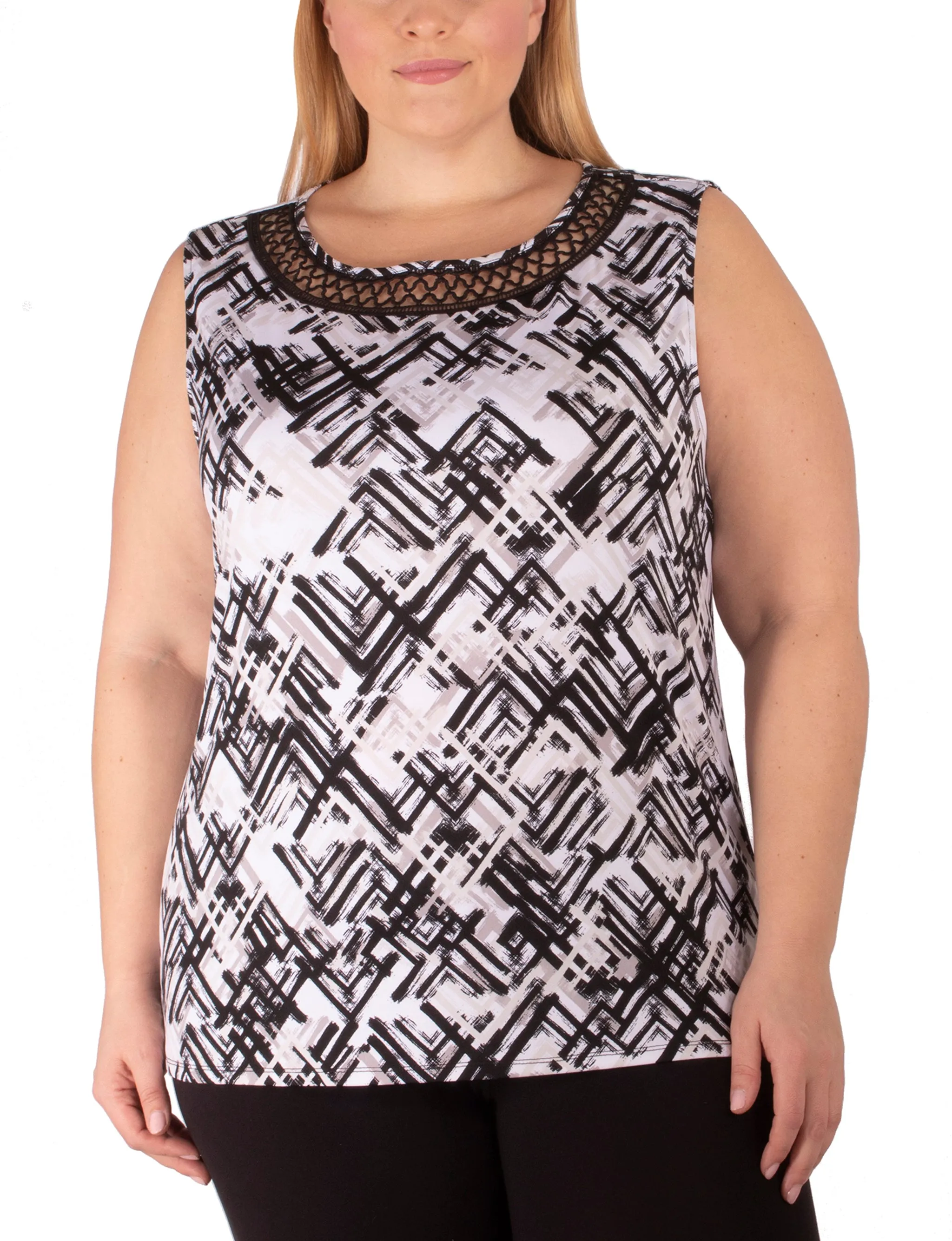 ButtonDownCollar Plus Size Sleeveless Top With Crochet Neckline