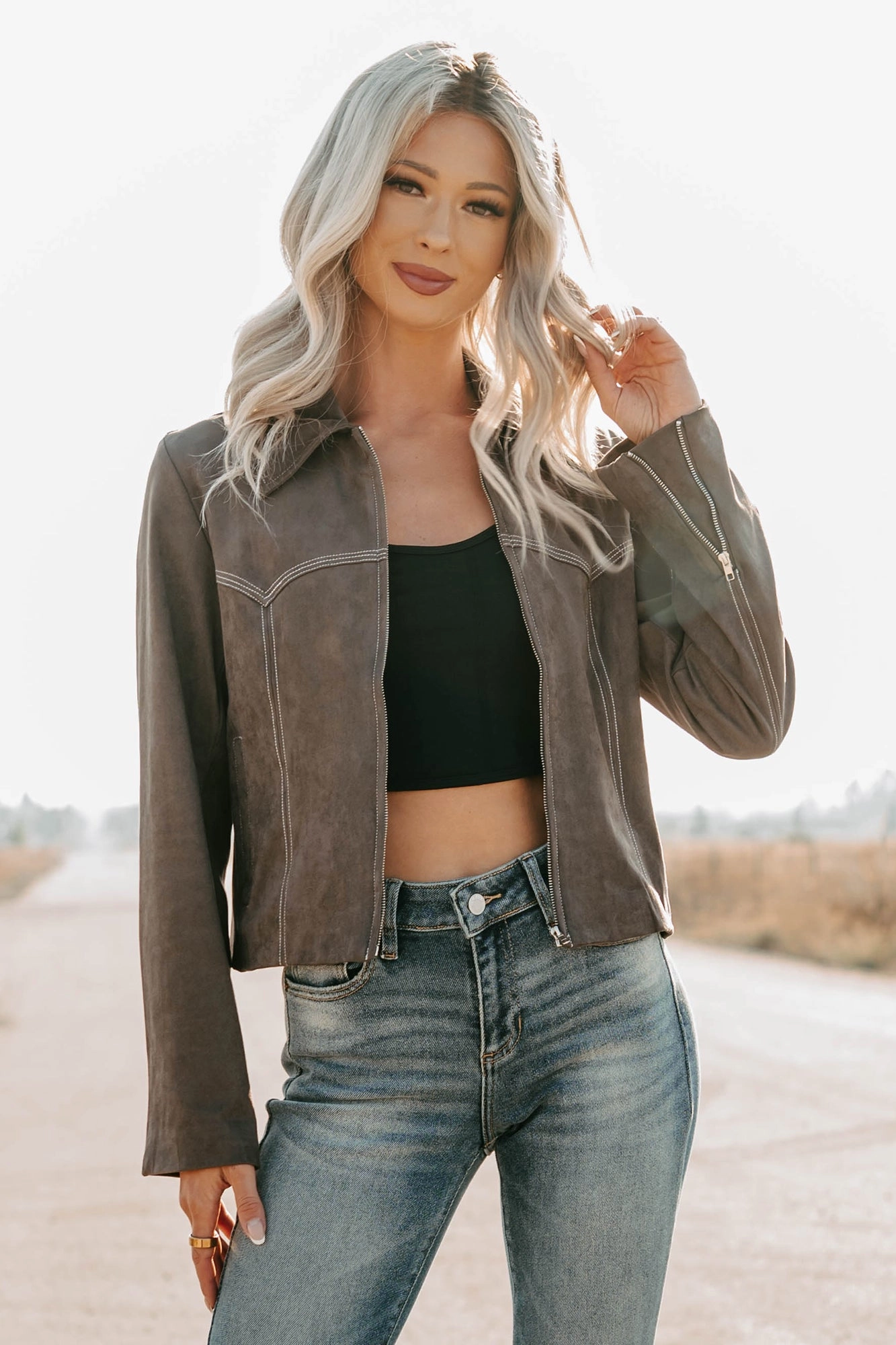 Exploring More Faux Suede Zip-Up Jacket (Charcoal) - Ships by 10/10 High Collar Option Retro design