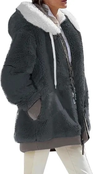 Abrigos De Mujer Invierno En Oferta Early Holiday Deals Winter Coats for Women Trendy Fleece Jacket Women Fuzzy Sherpa Lined Jacket Zip Up Hoodie Warm Clothes Holiday Outfits Deals(J-Dark Gray,L)