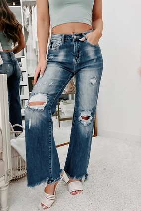 Absolutely Certain High Rise Distressed Risen Wide Leg Jeans (Dark) Bonded Hemline Compact TravelFriendly Design