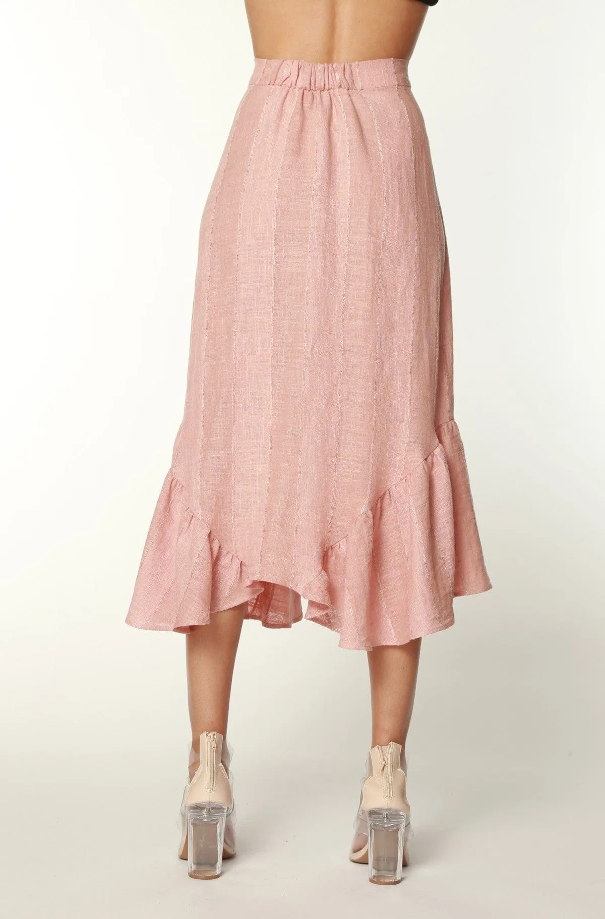 Urban Pulse Blush Flounced Linen Midi Skirt