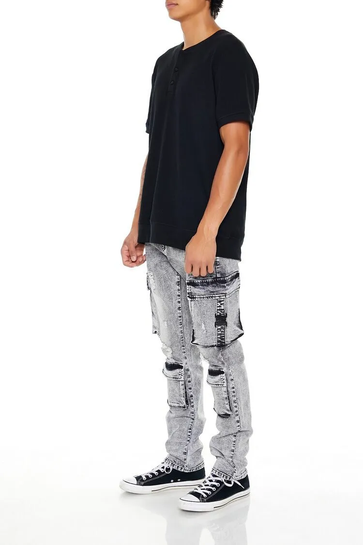 Acid Wash Slim-Fit Cargo Jeans