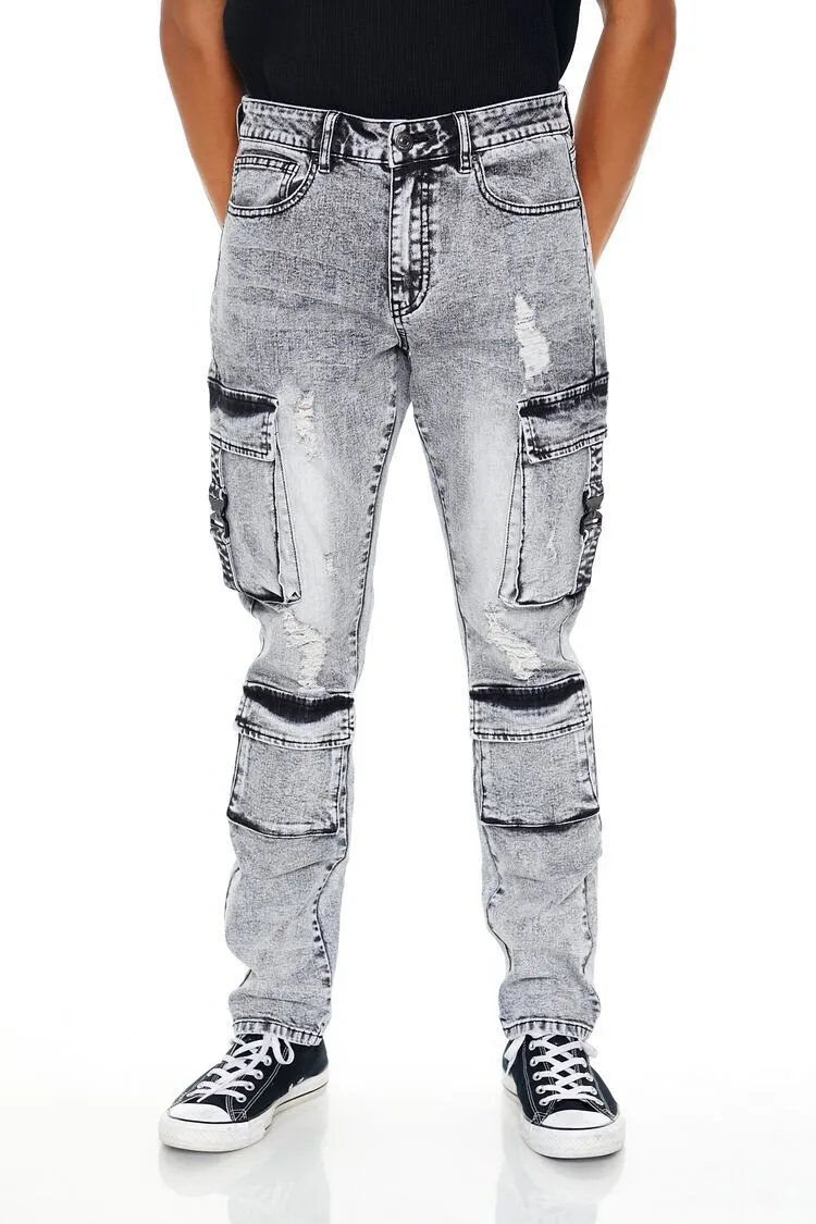 Acid Wash Slim-Fit Cargo Jeans