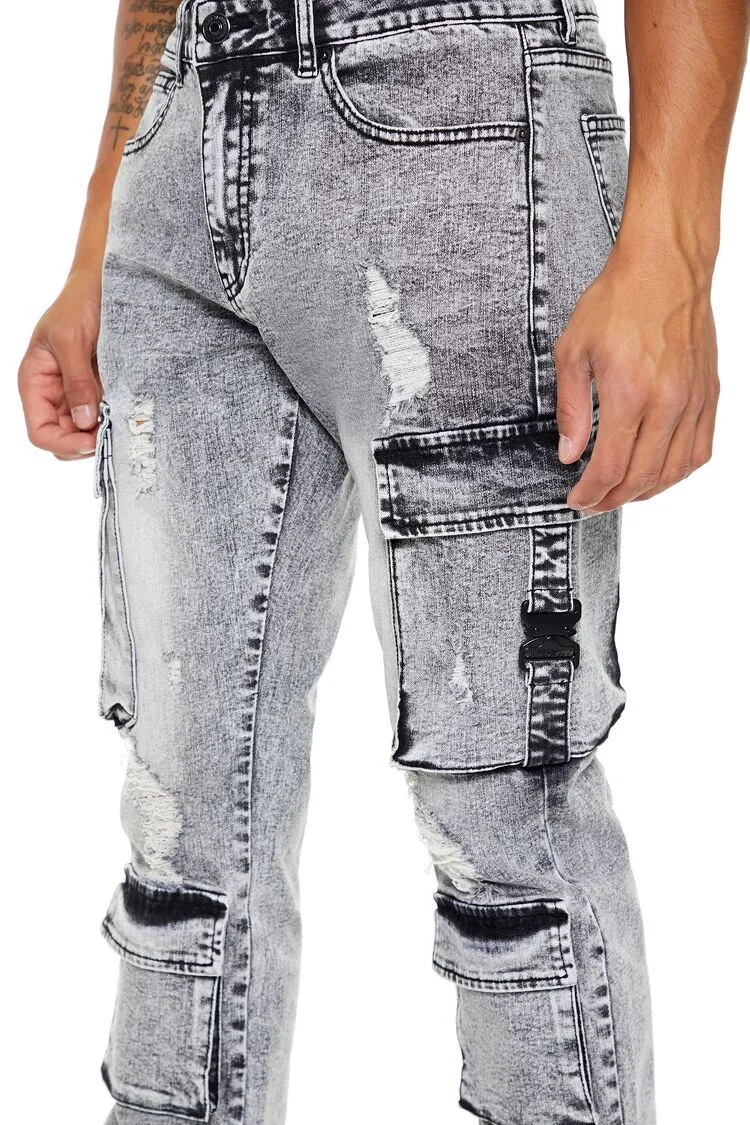 Acid Wash Slim-Fit Cargo Jeans