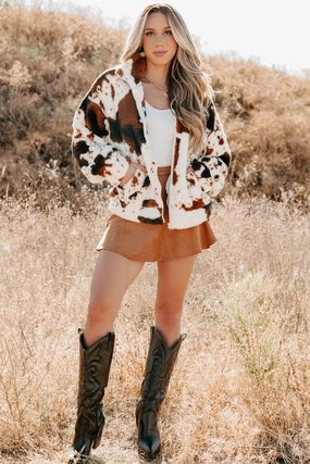 Cozying Up Cow Print Zip-Up Jacket (Brown/Multi) visibility