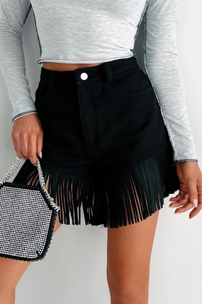 Quick-Dry Material Urban Fit Here For A Good Time High Waist Fringed Shorts (Black Denim)