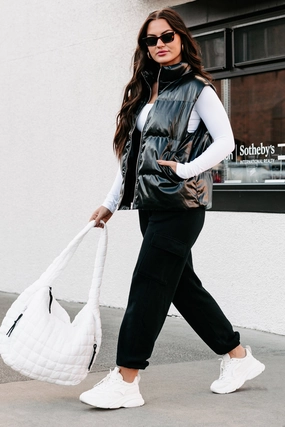 Stretch Weave Fabric Put You In Your Place Patent Leather Puffer Vest (Black)