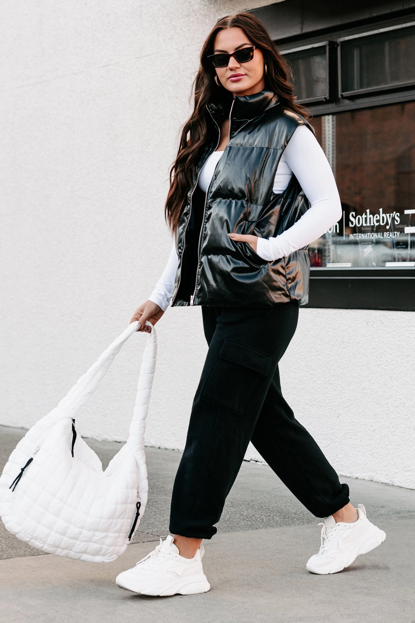 Stretch Weave Fabric Put You In Your Place Patent Leather Puffer Vest (Black)