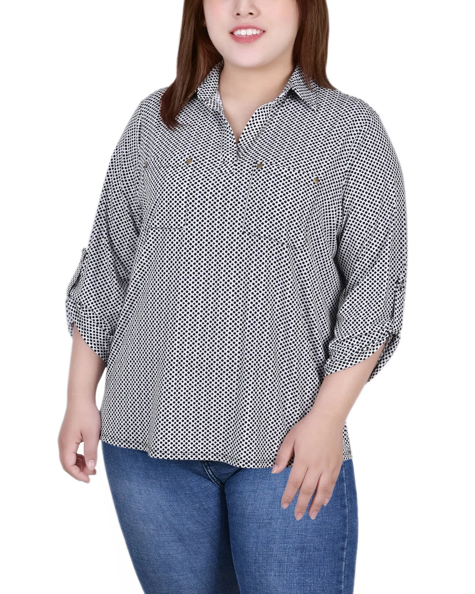 Reinforced Hem Plus Size 3/4 Roll Tab Sleeve Studded Y Neck Top