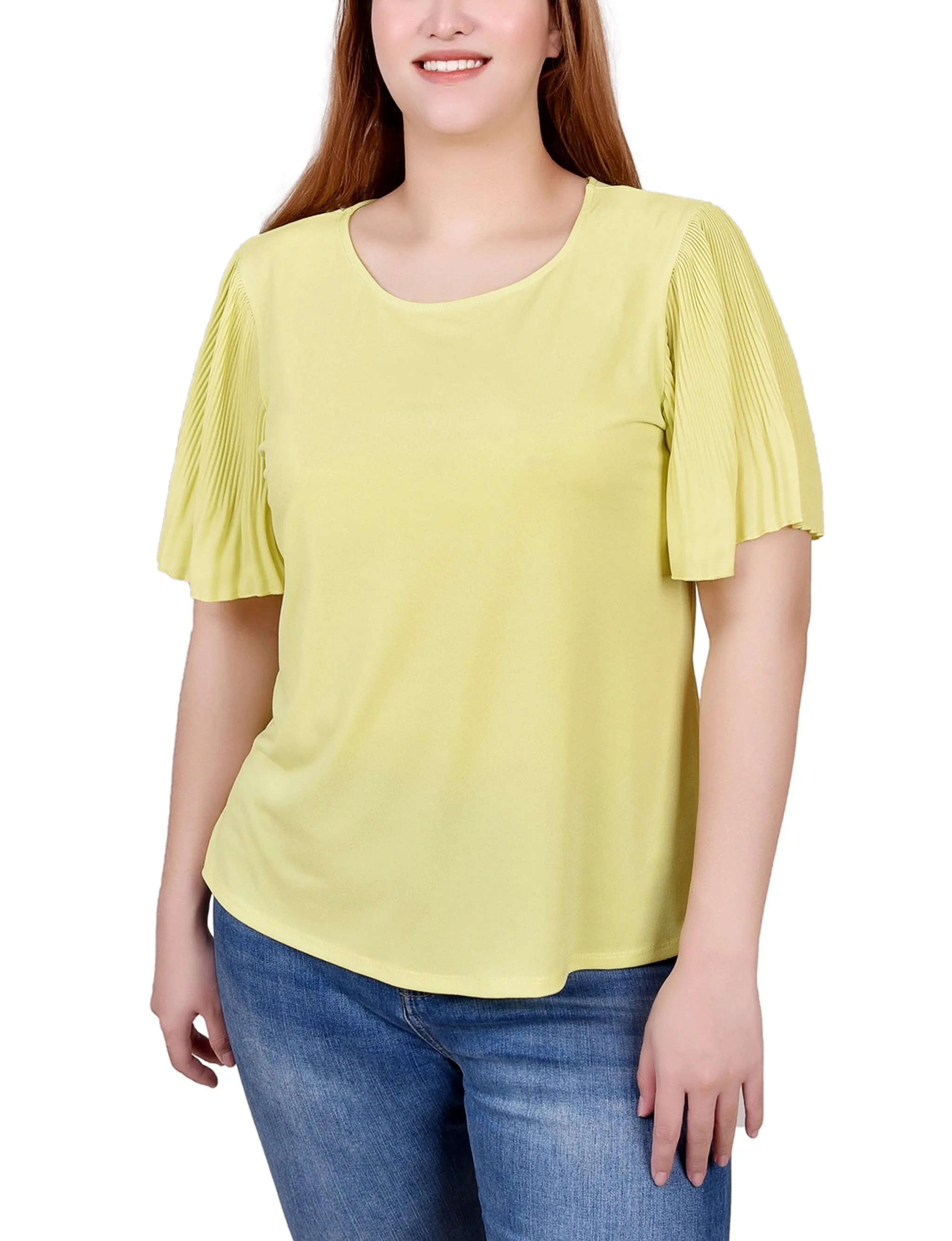 Petite Pleated-Sleeve Top Reflective Accent Stripes