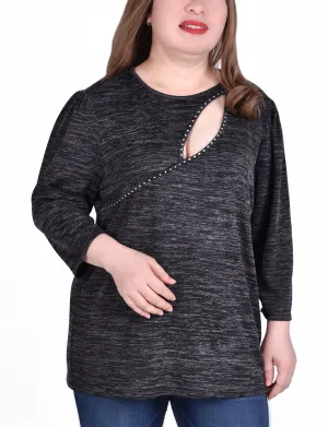 Plus Size 3/4 Sleeve Tunic Top With Front Cutout Quick Dry Blend