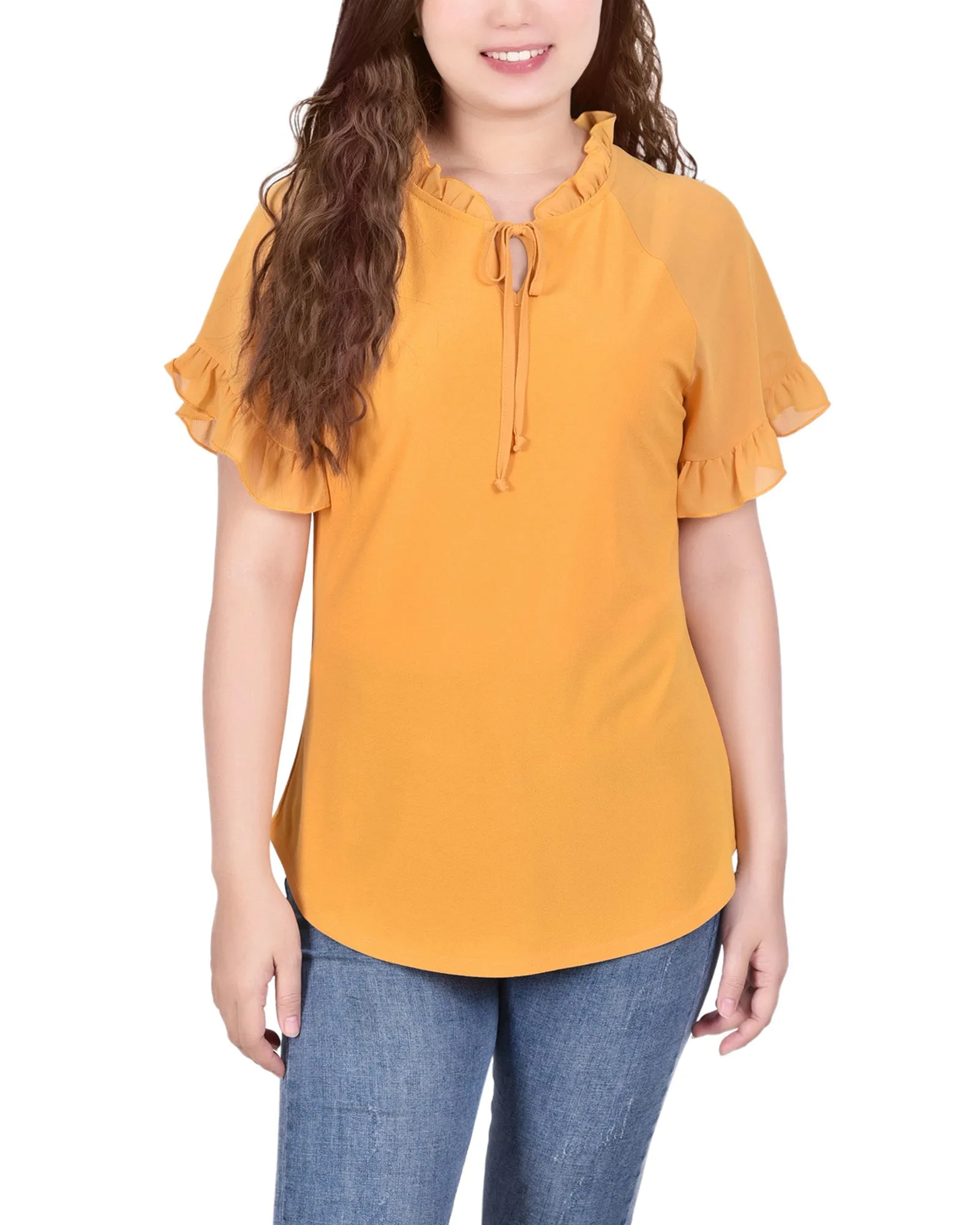 Petite Short Ruffled Sleeve Crepe Knit Top With Chiffon Sleeves DoubleLayeredCollar NoRoll Hem Technology