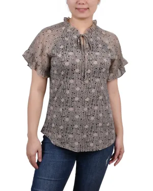 Petite Short Ruffled Sleeve Crepe Knit Top With Chiffon Sleeves Contrast Topstitching Detail ComfortStretchFit