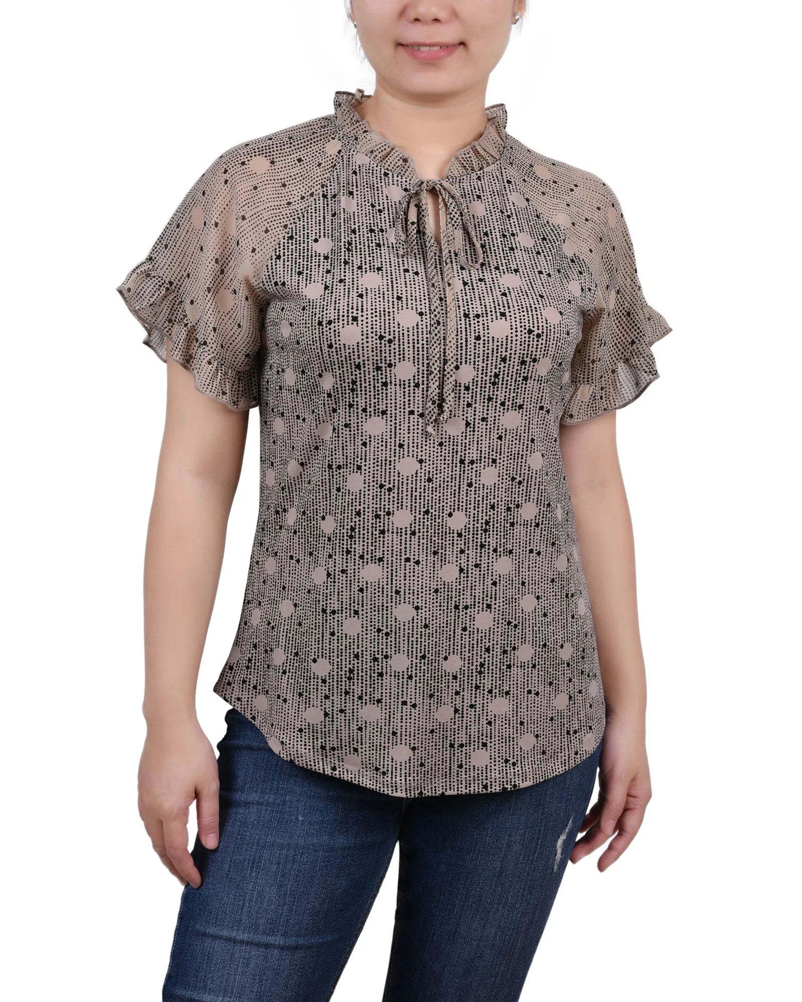 Petite Short Ruffled Sleeve Crepe Knit Top With Chiffon Sleeves WrinkleResistantTextile