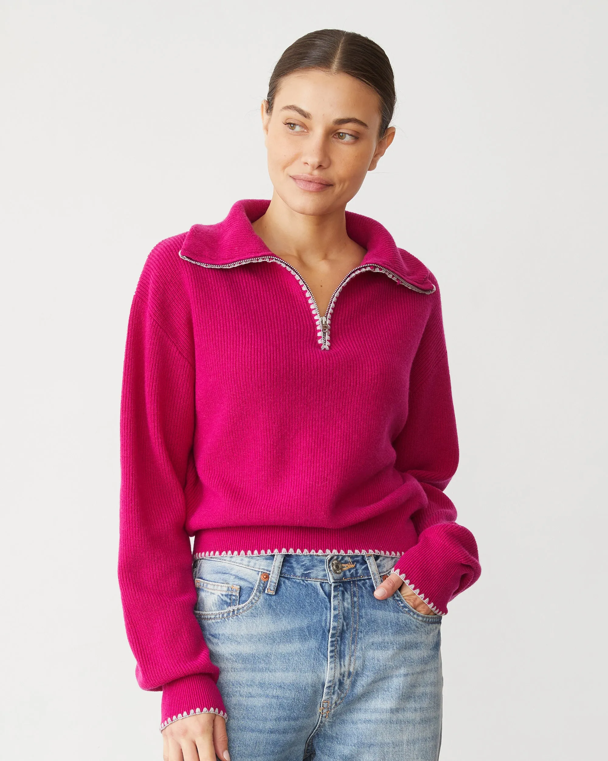 Wool Cashmere Half Zip Sweater Durable Hem Stitching
