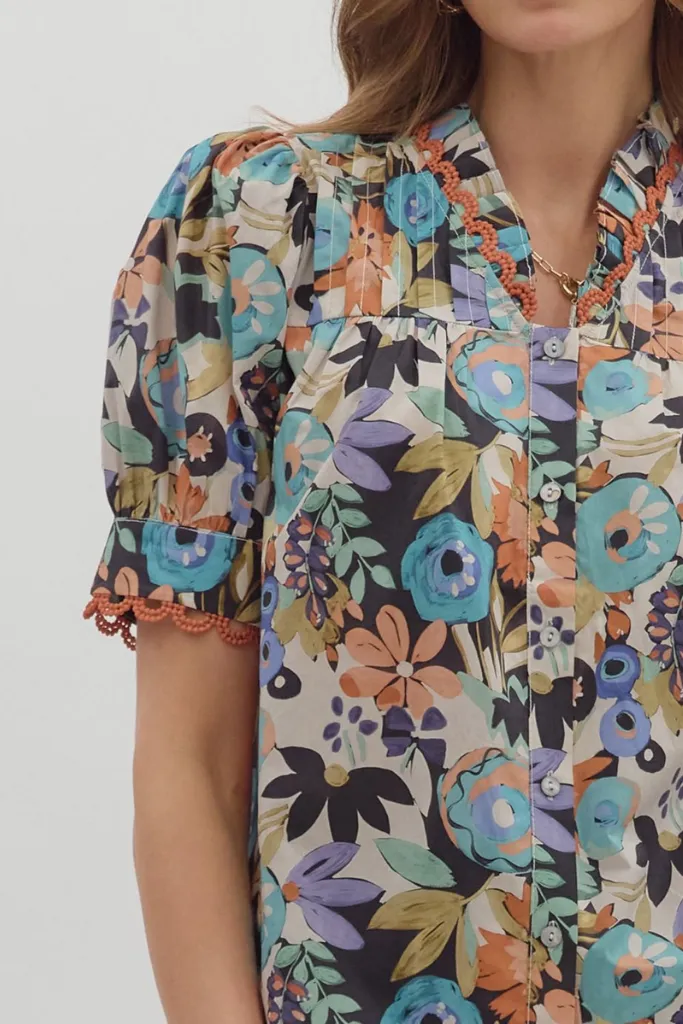 Stretch Knit Material Isabella Floral Puff Sleeve Top