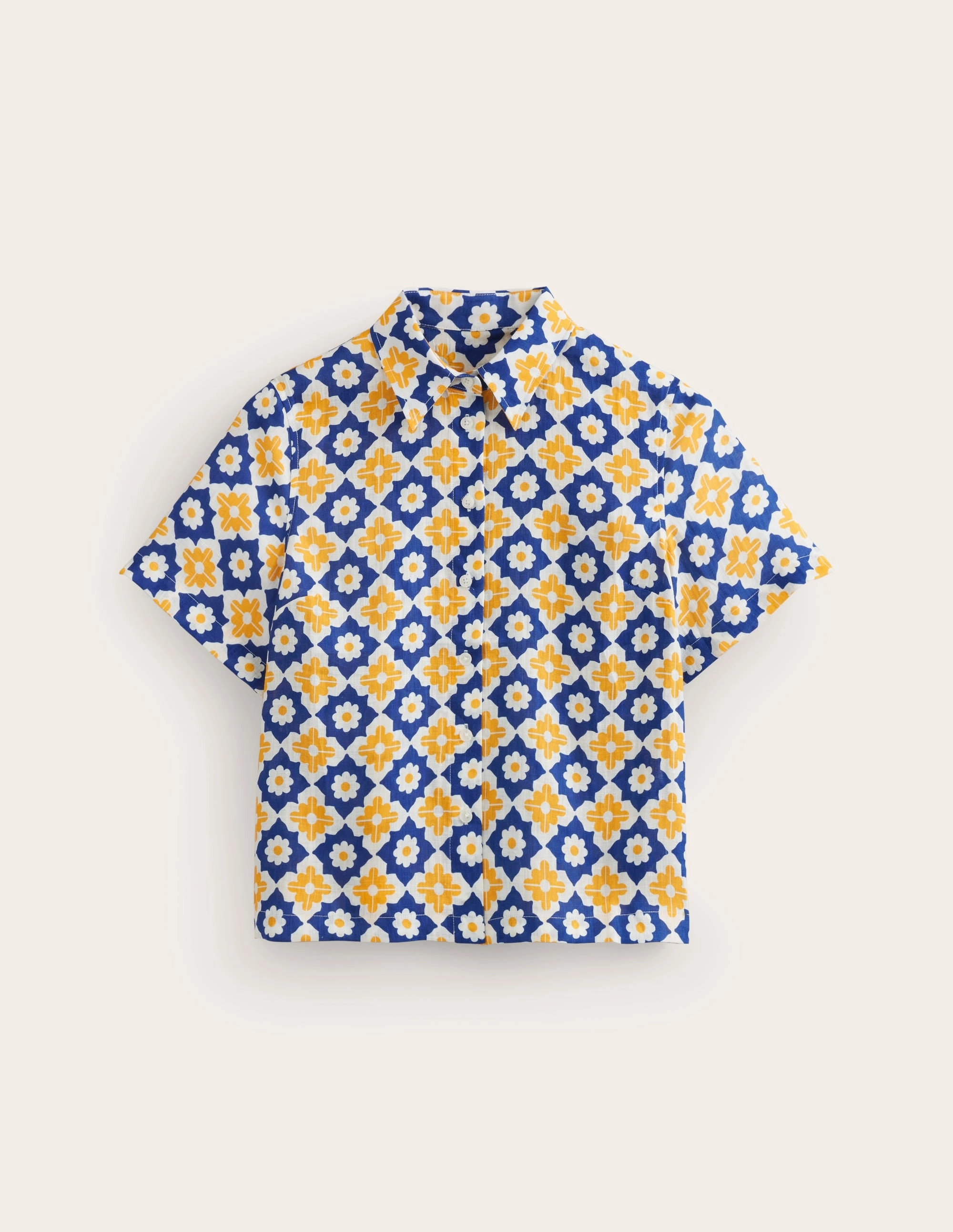 Hazel Short Sleeve Linen Shirt-Surf The Web, Geometric Stamp OdorResistantTreatment Easy Wear