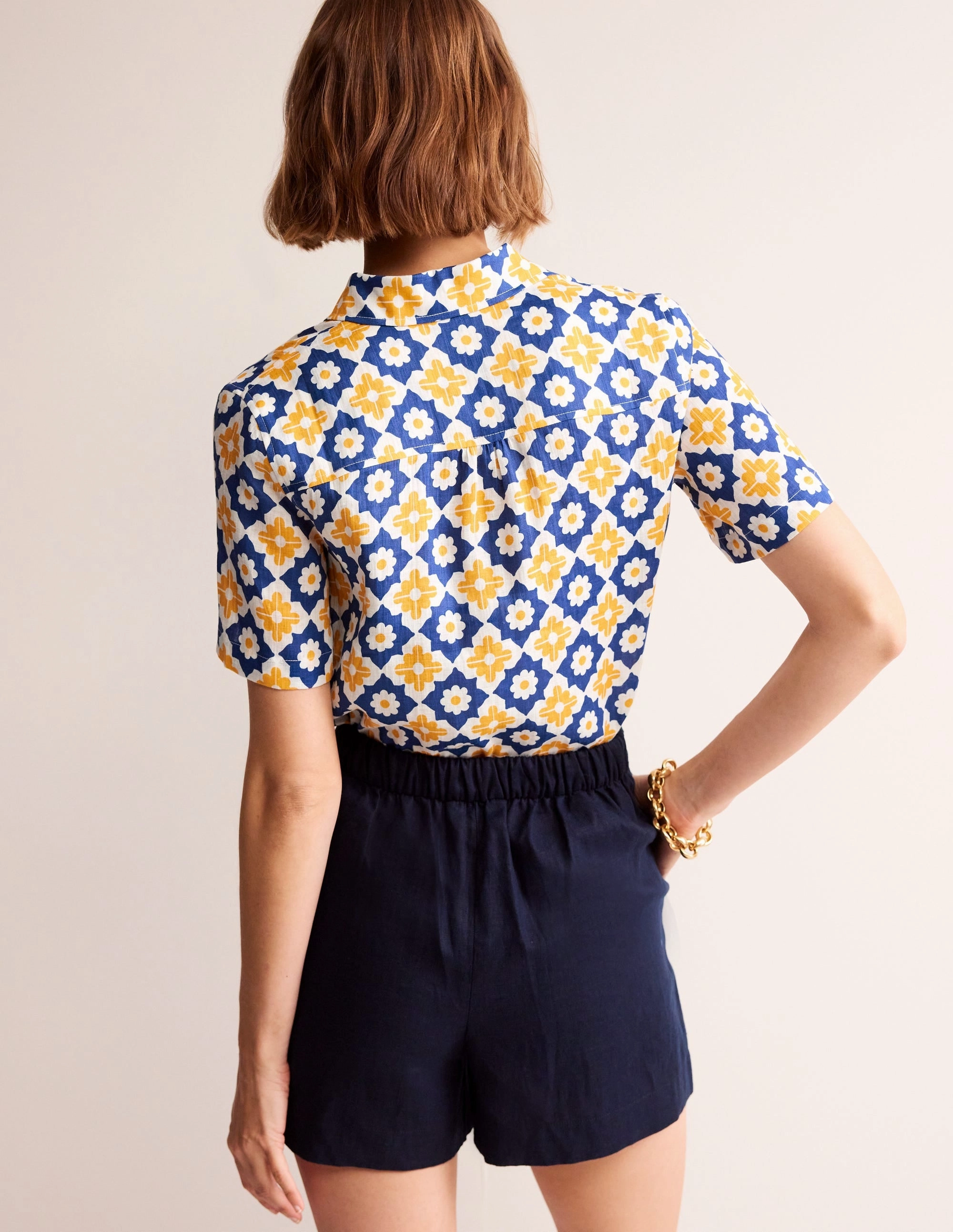 Hazel Short Sleeve Linen Shirt-Surf The Web, Geometric Stamp Laser Cut Edges YarnDyedQuality