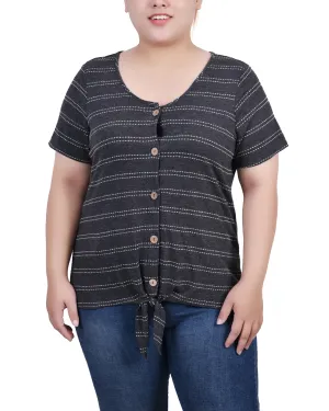 Plus Size Short Sleeve Tie Front Top Reflective Logo Detail Active Design