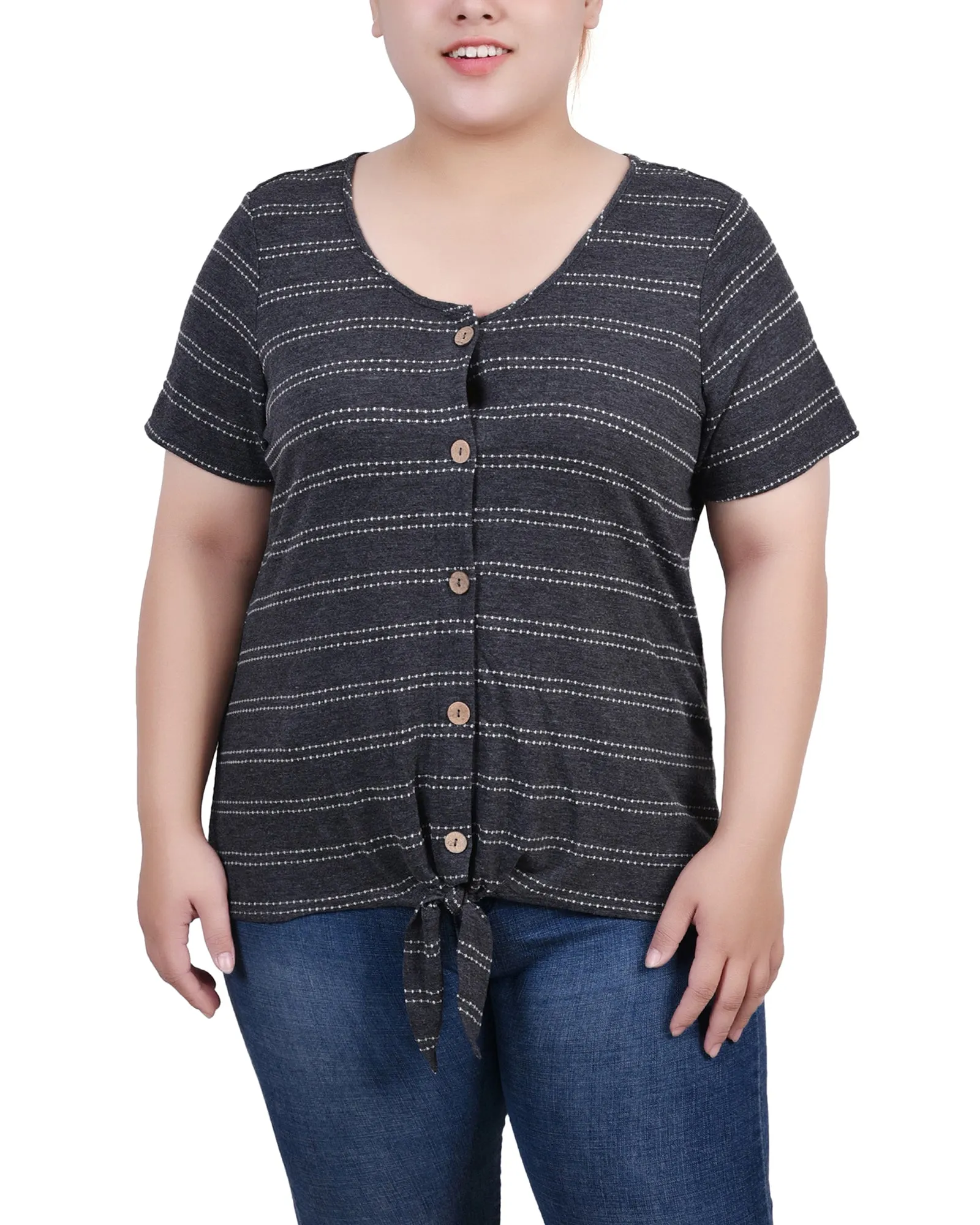 Casual Tee Garment Washed Plus Size Short Sleeve Tie Front Top
