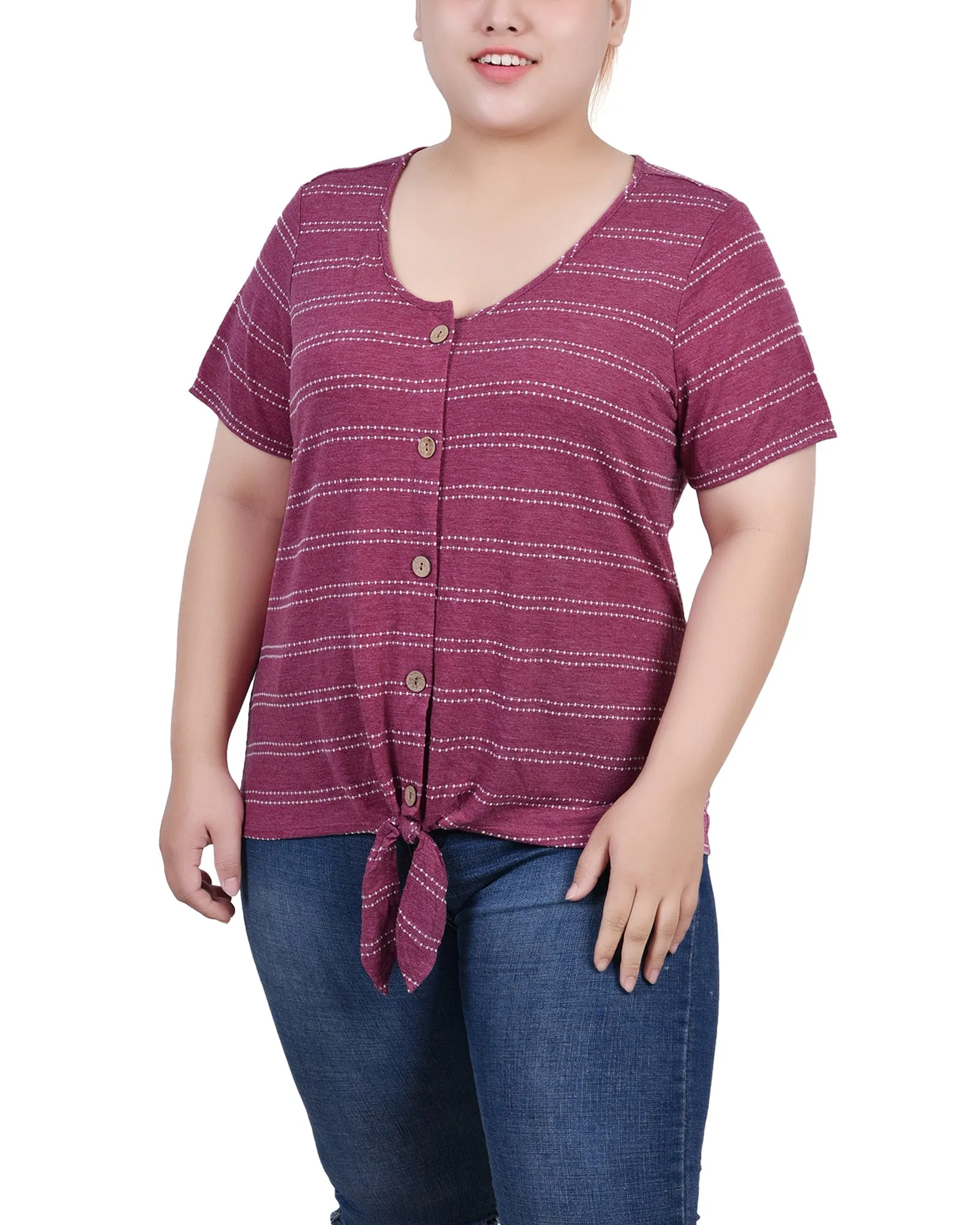 Water Repellent Finish Plus Size Short Sleeve Tie Front Top