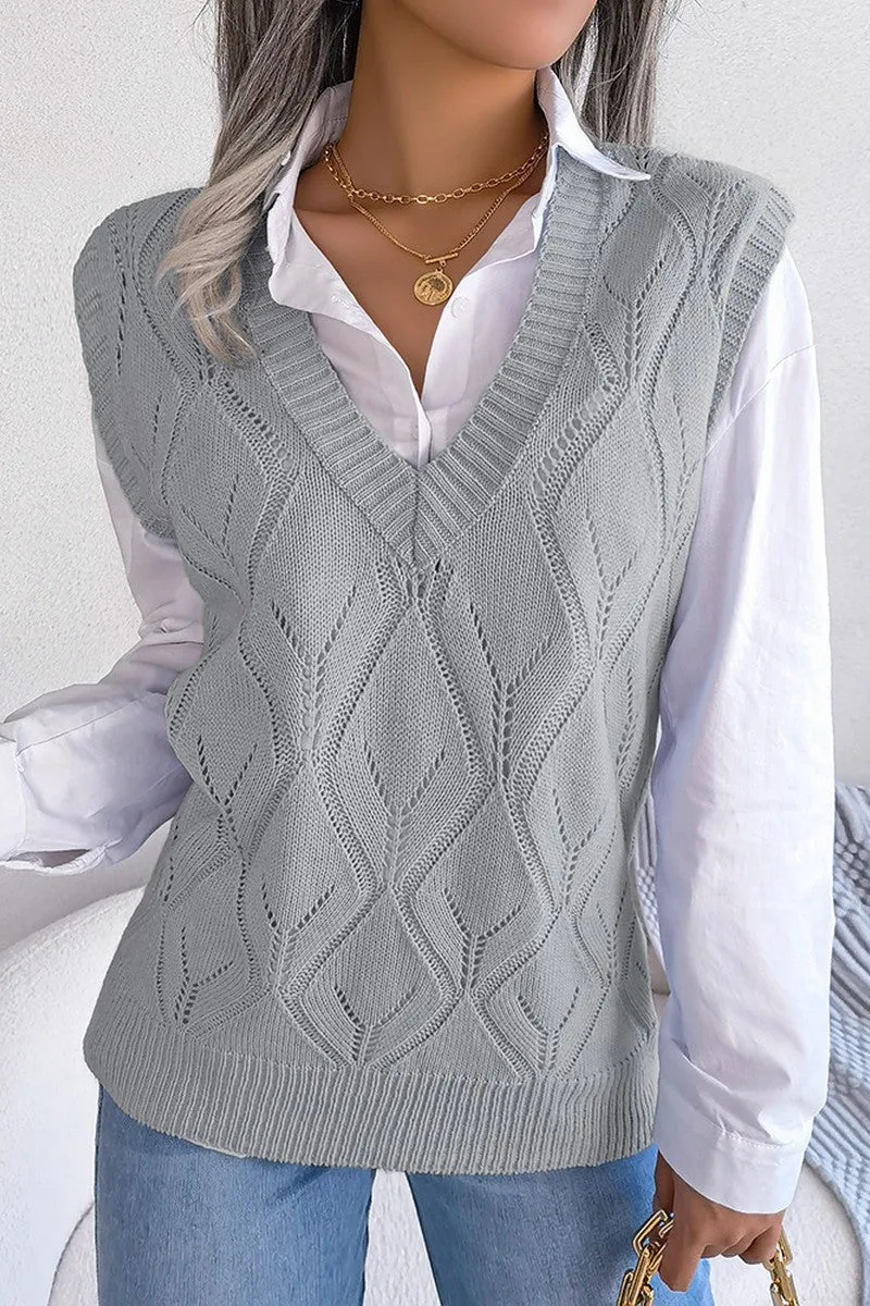 WOMEN PUNCHING KNITTED LOOSE FIT SWEAT VEST Curved Hemline Comfortable fit