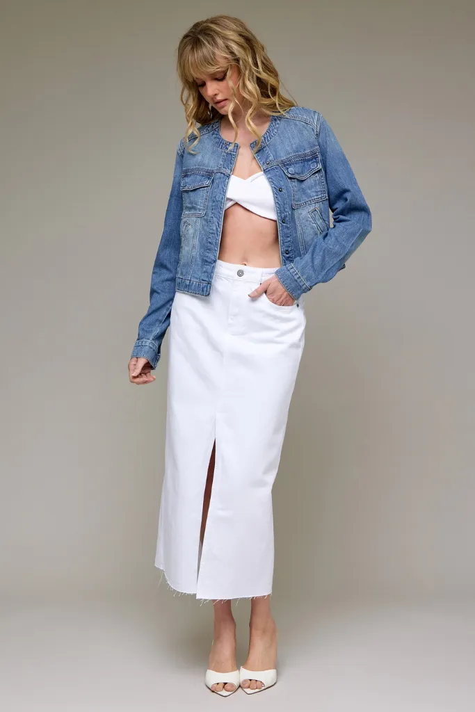 Elle Collarless Denim Jacket Resilient Elasticity OrganicCotton