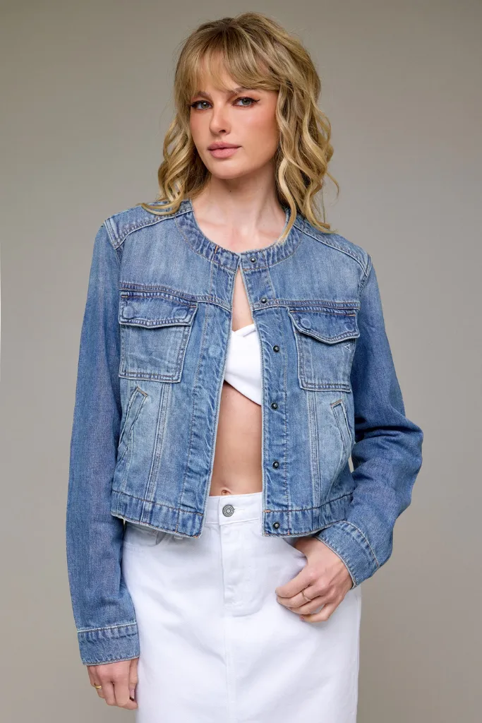 Elle Collarless Denim Jacket Knit Fabric Technology Shape Retention Fabric