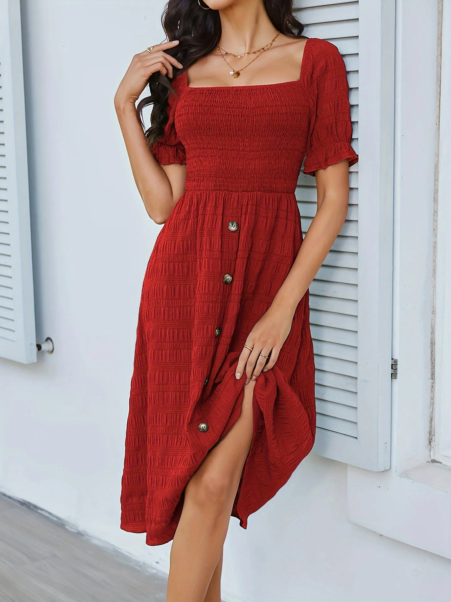 Classic structured dress Soft-touch BUTTON-EMBELLISHED PLEATED DRESS_CWDSD3554