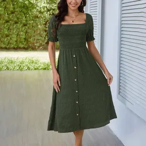 Outfit Boost BUTTON-EMBELLISHED PLEATED DRESS_CWDSD3554