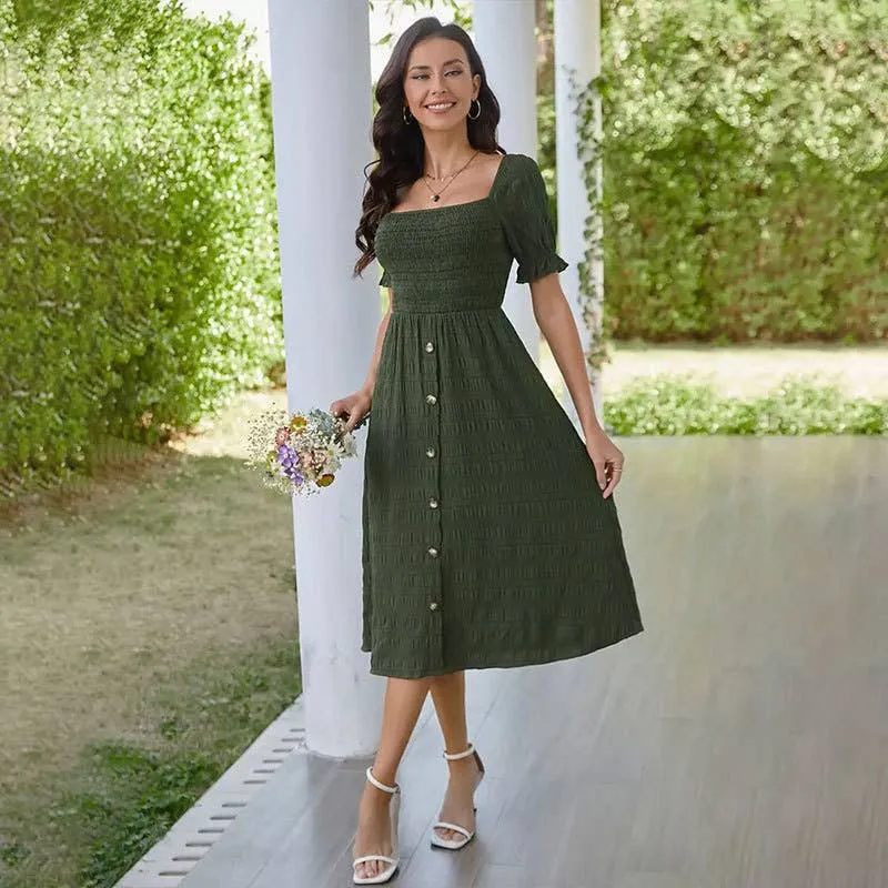 BUTTON-EMBELLISHED PLEATED DRESS_CWDSD3554 Casual maxi dress Tailored Mood