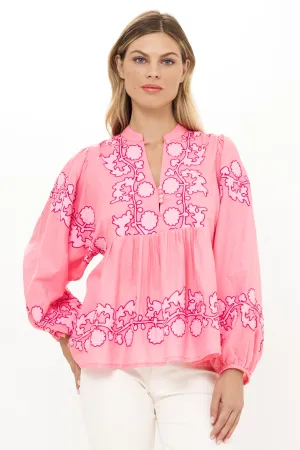 Double Faced Jersey Knit Loose Blouse Mandarin Balloon Top Tangier Pink