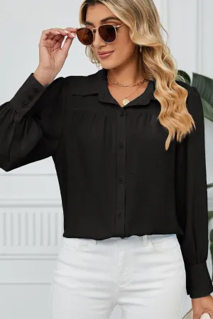 BUTTON DOWN LONG SLEEVE CHIFFON BLOUSE SHIRTS BrushedInnerSurface